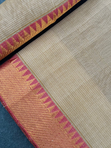 Handwoven Mangalgiri Cotton Saree | Beige | Gold Zari | Handwoven | Ships from California